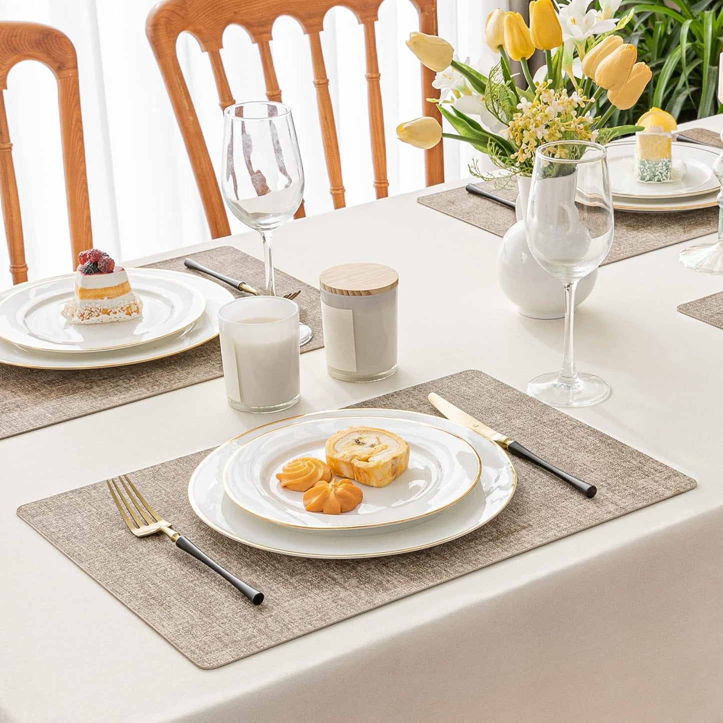Romanstile Vinyl Placemats Set of 8-12 X 18 Inch - Heat Resistant Place Mats 100% Waterproof Oilproof Wipeable Reversible Faux Leather Table Mats for Kitchen/Dining/Party/Outdoor, Khaki