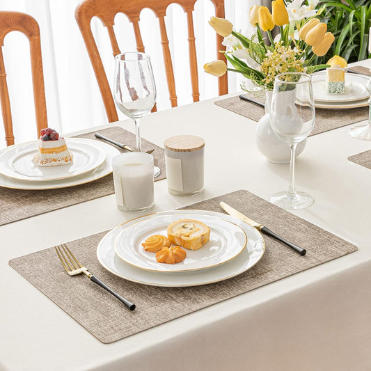 Romanstile Vinyl Placemats Set of 6-12 X 18 Inch - Heat Resistant Place Mats 100% Waterproof Oilproof Wipeable Reversible Faux Leather Table Mats for Kitchen/Dining/Party/Outdoor, Khaki