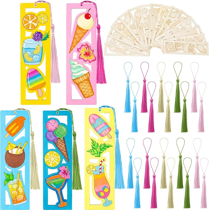 Yexiya 100 Pcs Bulk Summer Ice Cream DIY Bookmarks Kit - 50 Set Unfinished Wood Crafts with Tassels for Classroom Rewards, Student End of Year Gifts, Summer Camp & Luau Party Favors