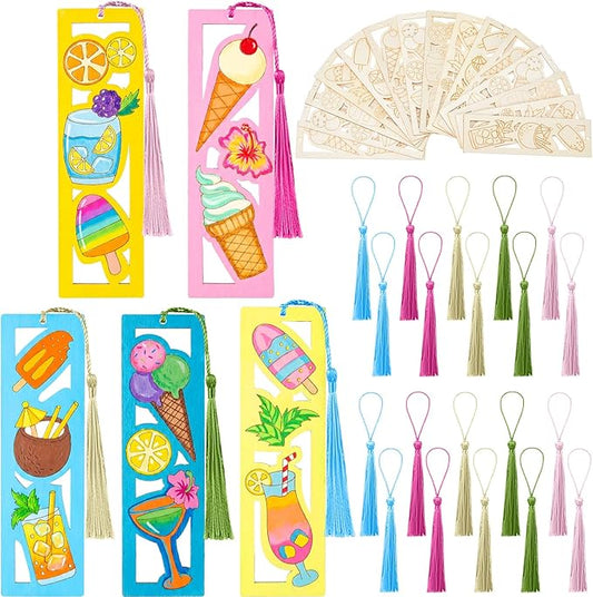 Yexiya 100 Pcs Bulk Summer Ice Cream DIY Bookmarks Kit - 50 Set Unfinished Wood Crafts with Tassels for Classroom Rewards, Student End of Year Gifts, Summer Camp & Luau Party Favors