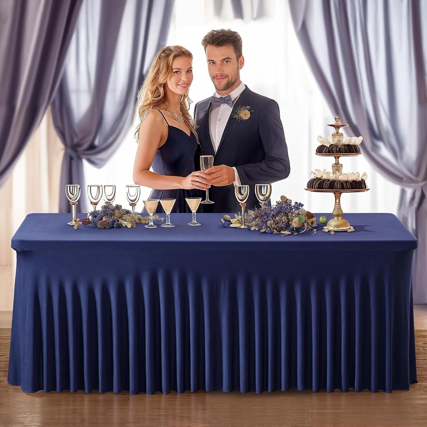 PARTISKY Navy Blue Spandex Tablecloth for 8ft Rectangle Tables, Stretchable Table Cover Skirt for Folding Tables Weddings Parties Banquets Events Trade Shows and Dessert Table