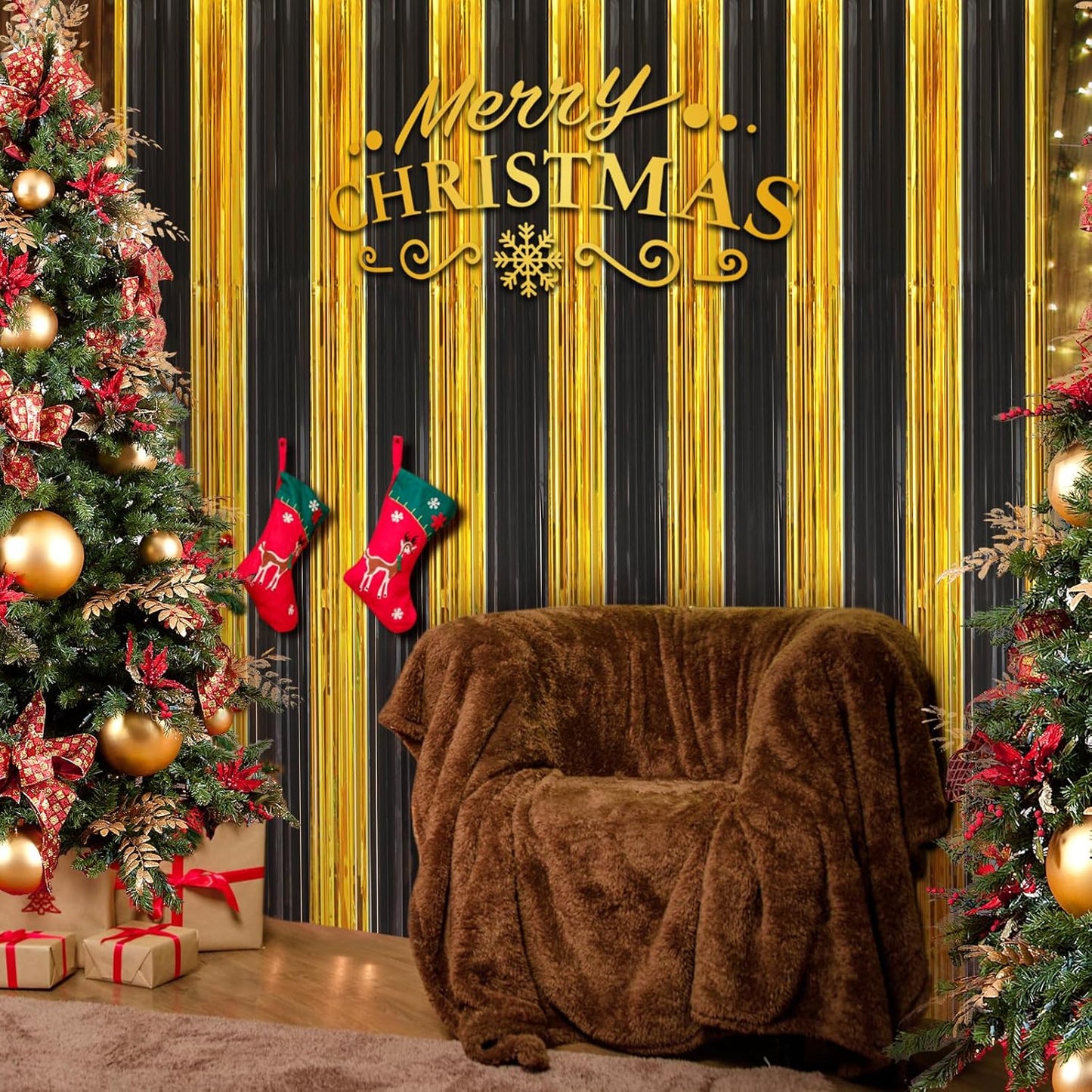 Accevo 3Pack Black Gold Party Streamers 3.2x8.2 Feet Metallic Foil Fringe Curtains Tinsel Streamers Party Decor Photo Booth for Christmas New Year Party Decorations Gold Black Party Decoration