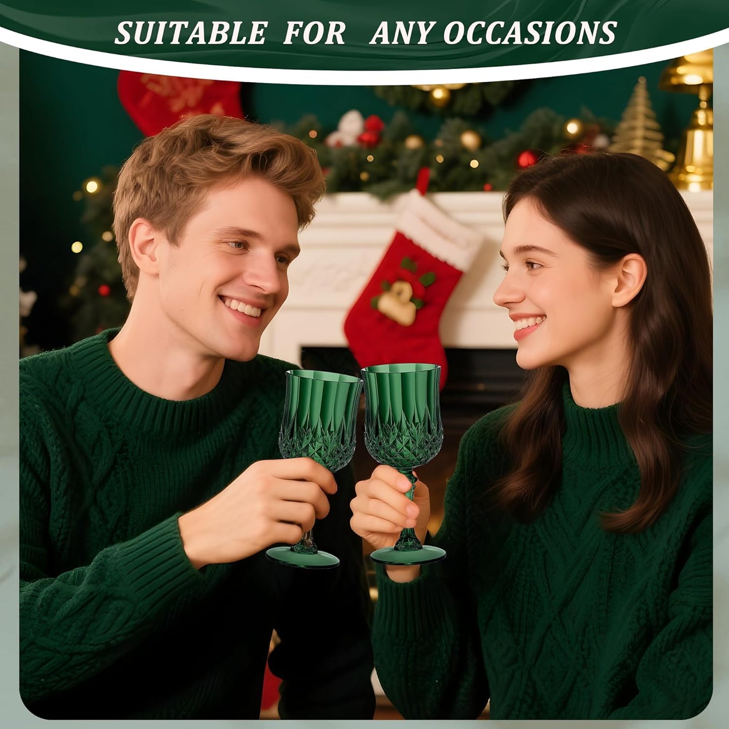 12PCS 7OZ Dark Green Wine Plastic Glasses Drinking Champagne Glasses Flutes Crystal Vintage Water Unbreakable Goblets for Christmas, Wedding, Parties