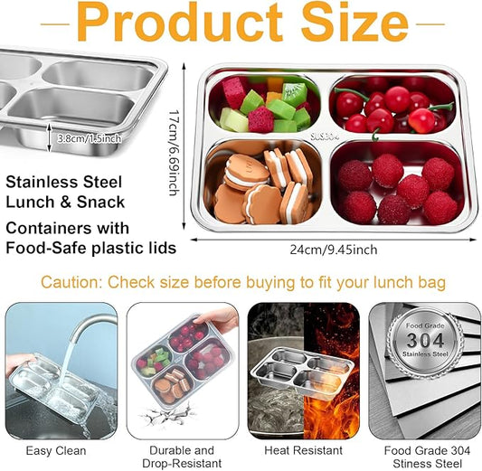 Honeydak 6 Pack Stainless Steel Snack Containers with Lids 4 Compartments Stainless Steel Lunch Box Reusable Meal Prep Lunch Containers for Home Travel Work Travel Camp Party