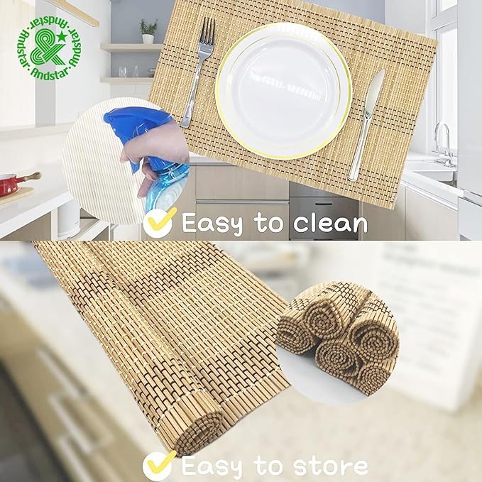 ANDSTAR Set of 8 Pcs Bamboo Placemats Natural Anti-Slip Bamboo Placemats Washable Heat-Resistant Table Mats for Dining Room and Kitchen(Beige)