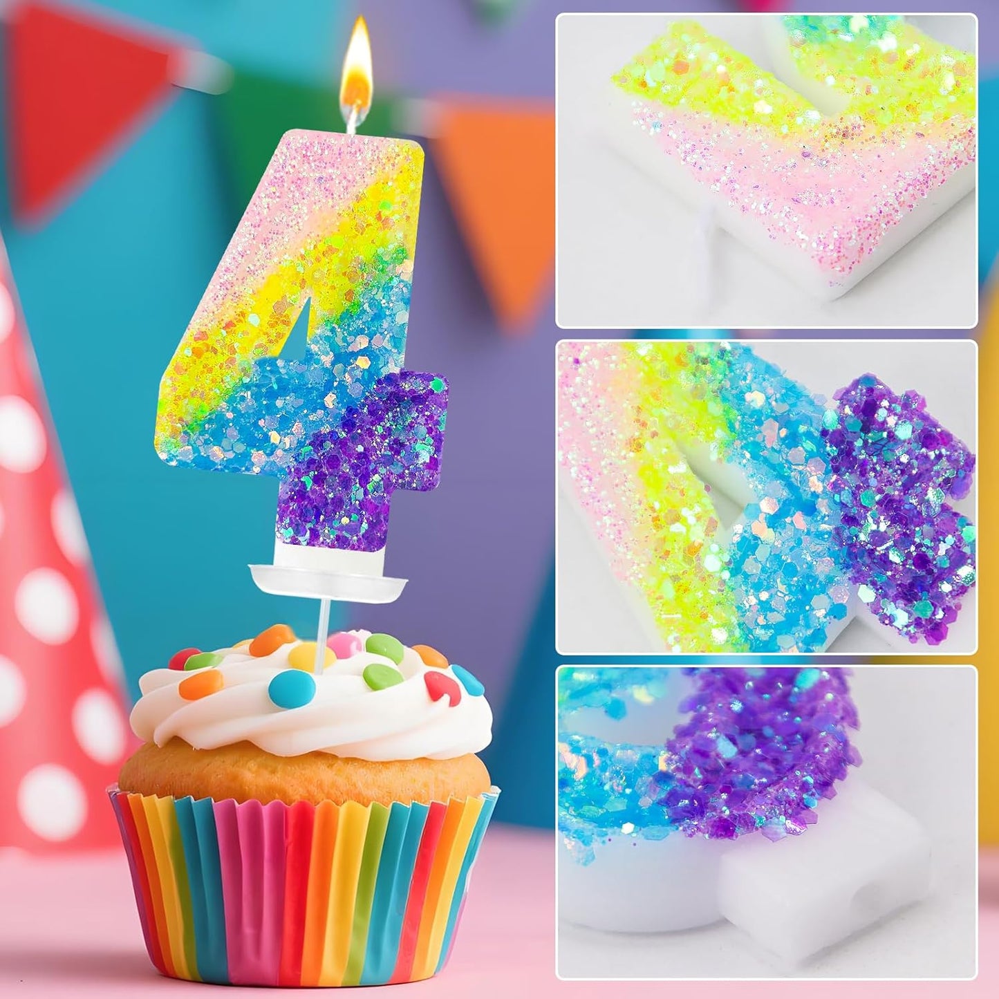 Birthday Candles Pastel Macaron Glitter 3D Rainbow Number Candles for Birthday Cake Girls Women Sweet Theme Birthday Wedding Anniversary Party Cake Decoration (Number 4)