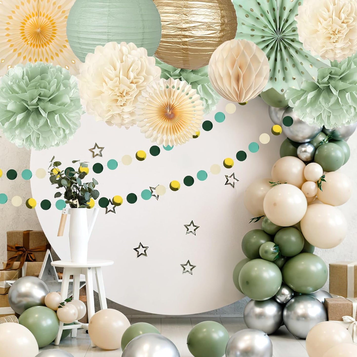 Sage Green Party Decorations Sage Green and Cream Paper Fans Paper Lanterns Pom Poms Flowers for Baby Shower Birthday Wedding Engagement Party