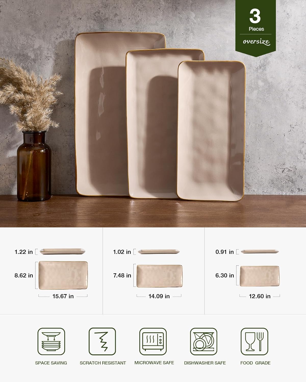 famiware Serving Platter, Rectangular 15.67/14.1/12.6 inch Serving Dishes for Entertaining, Microwave Dishwasher Safe, Stonware Serving Trays for Party, Turkey, Cheese, Ocean Series, Cinnamon Brown