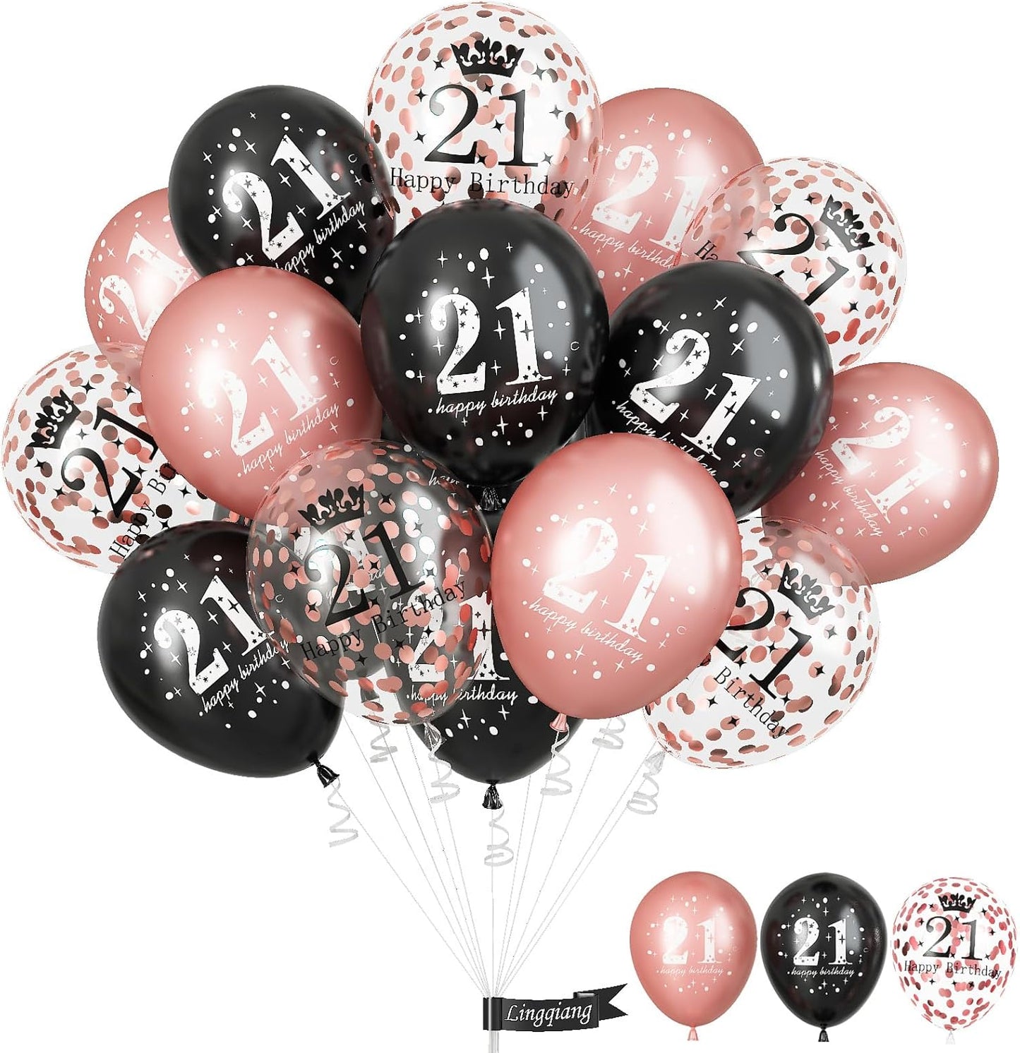 21st Birthday Decorations for Her, 15 Pcs Happy Balloons Latex Helium Black Rose Gold Confetti for Girls Women Age 21 Years Old Celebration Party Supplies