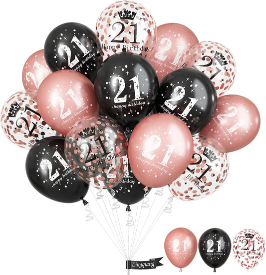 21st Birthday Decorations for Her, 15 Pcs Happy Balloons Latex Helium Black Rose Gold Confetti for Girls Women Age 21 Years Old Celebration Party Supplies