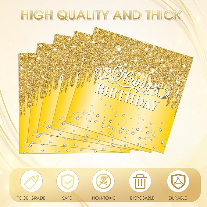 40pcs Happy Birthday Napkins Gold Happy Birthday Decorations for Women and Girls Disposable Paper Sparkle Diamond Gold Napkins for Birthday Wedding Anniversary Baby Shower Party Decor