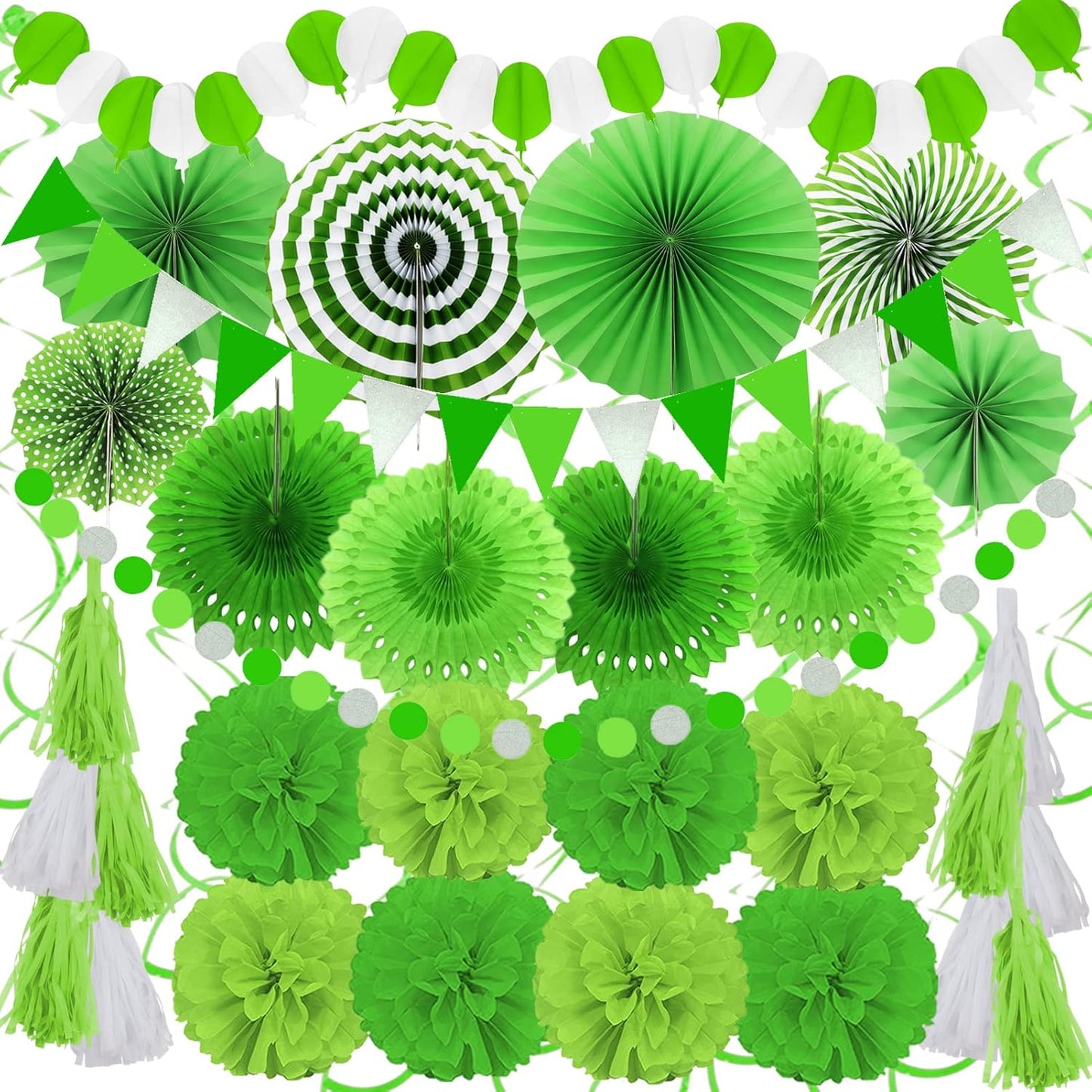 ZERODECO Party Decorations, 41 Pcs Green Papar Fans Pompoms Garlands String Tissue Paper Tassel for Fiesta Home Bridal Baby Shower Wedding Boy Girl Birthday Party