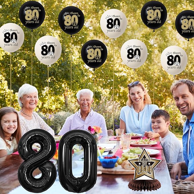 DARUNAXY 80th Birthday Party Decorations for Men Women, Vintage Back in 1946 Banner, Black 80 Number Balloons & Cake Topper, Vintage 1946 80 Birthday Honeycomb Hanging Swirl Confetti Balloons(30PC)