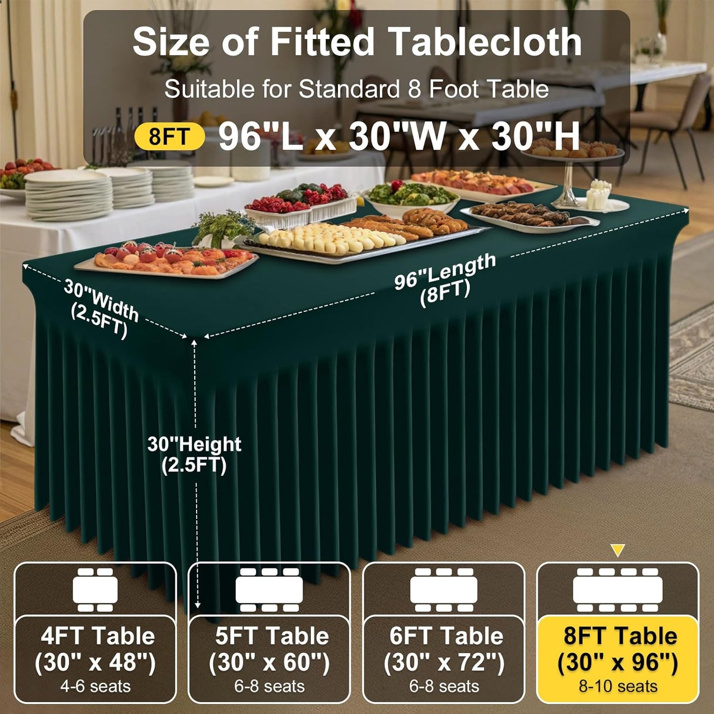 Smiry Spandex Tablecloth, Elastic Fitted Stretch Tablecloth for 8FT Rectangle Tables, Waterproof Washable Table Cover Skirt for Outdoor, Wedding, Banquet & Parties (Hunter Green, 96Lx30Wx30H Inch)