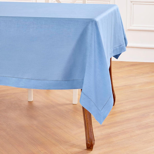 Solino Home Cornflower Blue Linen Tablecloth 60 x 108 Inch - 100% Pure Linen Hemstitch Table Cloth for Rectangle Tables - Classic Hemstitch, Machine Washable Tablecloth for Christmas, Holiday