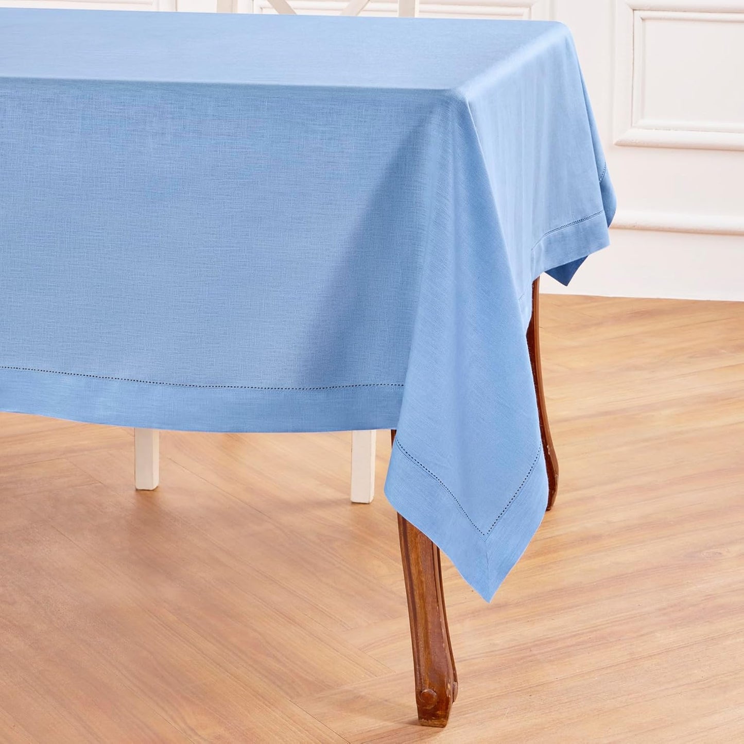 Solino Home Cornflower Blue Linen Tablecloth 60 x 120 Inch - 100% Pure Linen Hemstitch Table Cloth for Rectangle Tables - Classic Hemstitch, Machine Washable Tablecloth for Christmas, Holiday