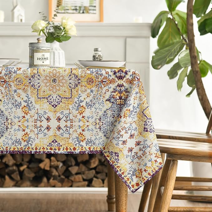 Horaldaily Boho Bohemia Style Tablecloth 60x84 Inch Rectangular, Vintage Country Rustic Farmhouse Magical Fall Yellow Washable Seasonal Table Cover for Party Picnic Dinner Decor