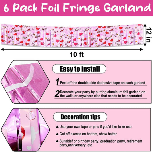 6 Pack 10 Feet Pink AA Wave Foil Fringe Garland Metallic Tinsel Streamers Banner Wall Hanging Curtain Backdrop for Parade Floats, Mother's Day, Easter, Wedding, Birthday Party Decoration
