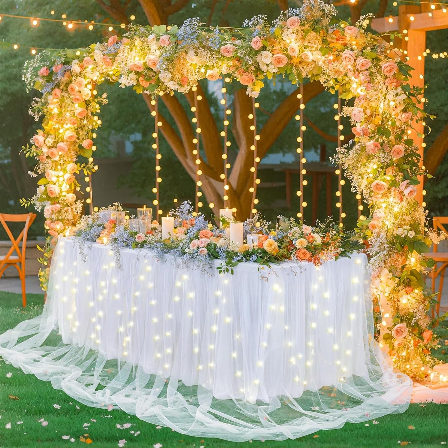 17FT White Tulle Table Skirt for Rectangle or Round Tables, White Tutu Table Skirt with LED Lights for Princess Girl Birthday Party Baby Shower Gender Reveal Wedding Banquet Cake Dessert Decorations