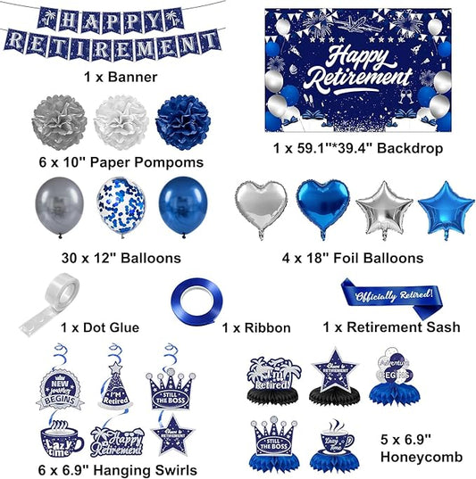 Retirement Party Decorations, Blue Silver Happy Retirement Decorations for Women Men Happy Banner & Backdrop Hanging Swirls Foil Balloon Retire Sash Paper PomPoms and Honeycomb Centerpieces