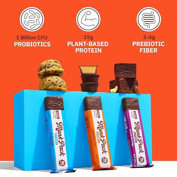 Munk Pack Variety Pack Probiotic Protein Bars Stocking Stuffers | 15g Protein, 1g Sugar, 5g Net Carbs | Plant-Based, High Protein, Low Sugar Gut Health Snacks | 12 Pack