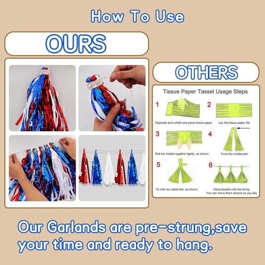 BEISHIDA 3 Packs Red Blue White Metallic Foil Fringe Tassel Garland, Tassels Banner Streamers for Car Floats Bridal/Baby Shower Birthday Wedding Halloween Christmas Holiday Party Decoration