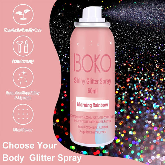 Boko Body Glitter Spray, 60ML Holographic Silver Glitter Spray for Body Hair Clothes, Quick-Drying and Long-Lasting Glitter Hairspray Body Shiny for Festival Music Concert Party Rave Accessories