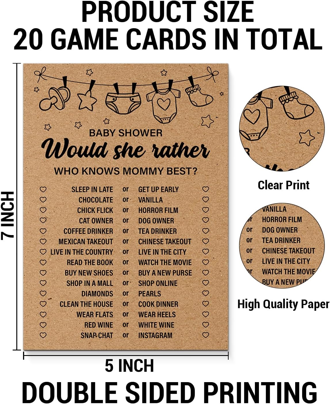 Baby Shower Games for Girl or Boy, Would She Rather Baby Shower Game, 20 Rustic Game Cards for Guests, Who Knows Mommy Best