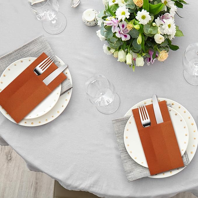 Terracotta Napkins Hand Towels Disposable, Linen-Feel Dinner Napkins with Prefolded Built-in Flatware Pocket, Guest Paper Hand Towels For Wedding, Dinner Or Party (16x16in, 50Pack）