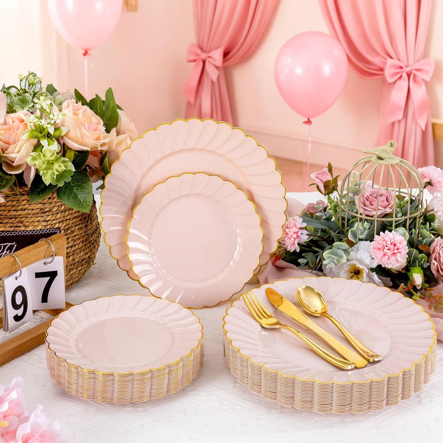 YOUBET 60PCS Pink Scalloped Plastic Plates - Hard Pink and Gold Fancy Disposable Plates include 30 Gold Dinner Plate, 30 Dessert Plate for Party & Wedding & Baby Shower