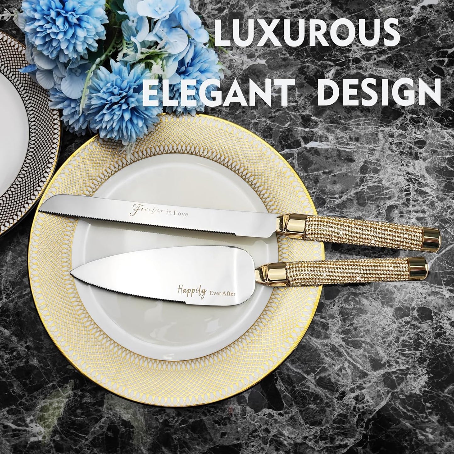 ROXBURGH Wedding Cake Knife and Server Set, 420 Stainless Steel Gold Cake Cutter and Pie Server Slicer, Rhinestones Studded Handle Cutting Set for Wedding, Engagement Present for Groom and Bride
