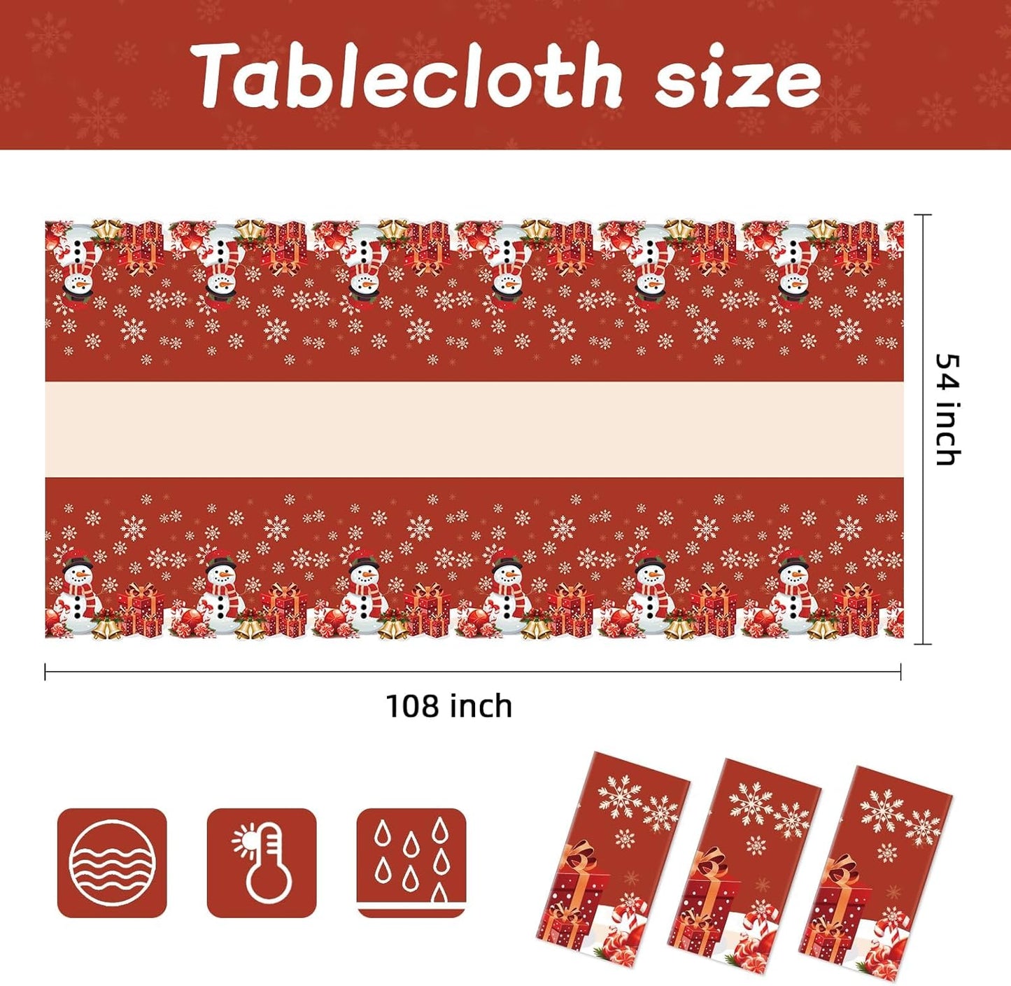 Childom 3 Pack Christmas Tablecloths,Disposable Plastic Tablecloths 54" x 108" Christmas Decorations,Xmas Snowman Table Cloths for Party Supplies,Plastic Table Covers for Home,Dinner,Indoor or Outside