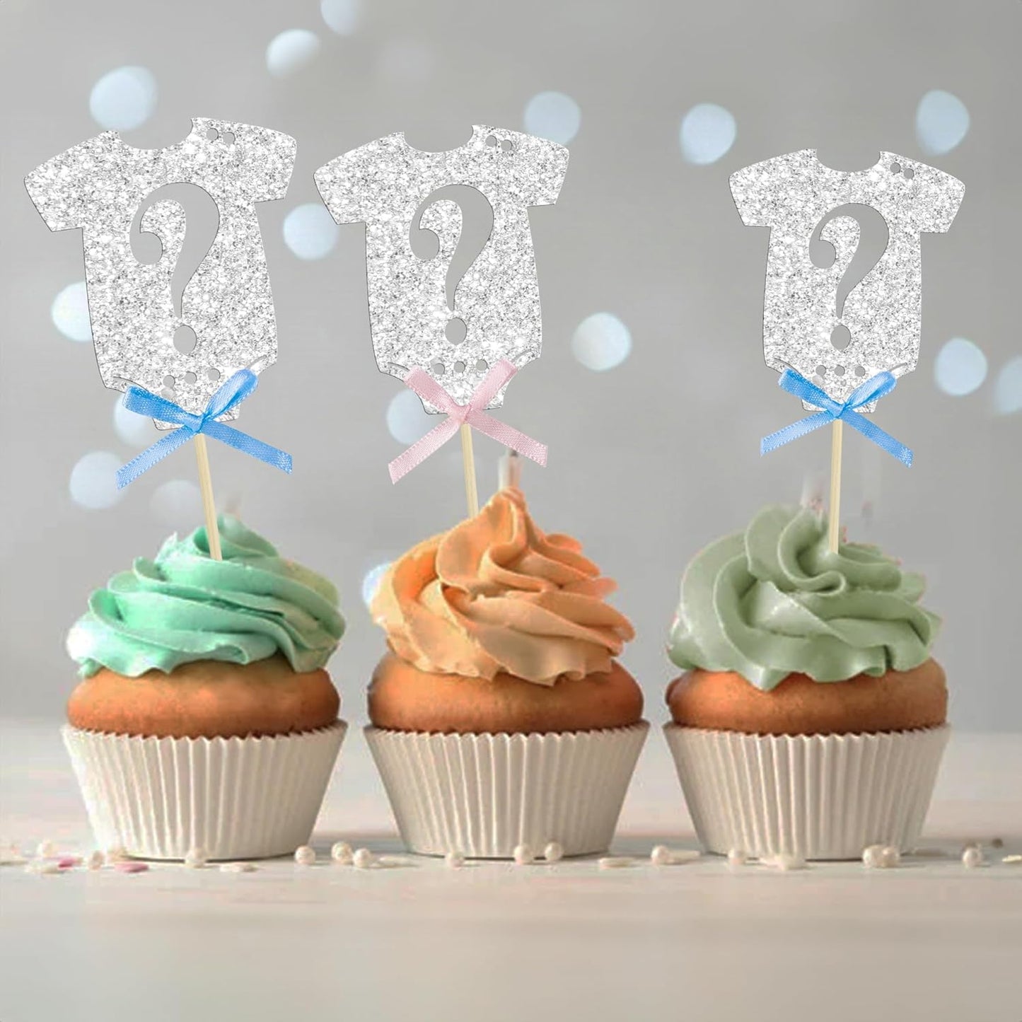 Ephlyn 24Pcs Gender Reveal Cupcake Toppers Glitter Pink Blue Bow Onesie Question Mark Boy or Girl Cake Topper Decorations for Baby Shower Theme Gender Reveal Kids Birthday Party Supplies Silver