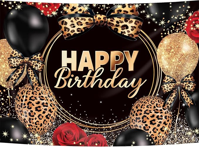 Homewelle Leopard Print Bow Happy Birthday Backdrop 5Wx3H Feet Polyester Fabric Black Gold Red Rose Cheetah Print Bownot Cool Decoration Balloon for Women Girl Photography Background Photo Shoot Props