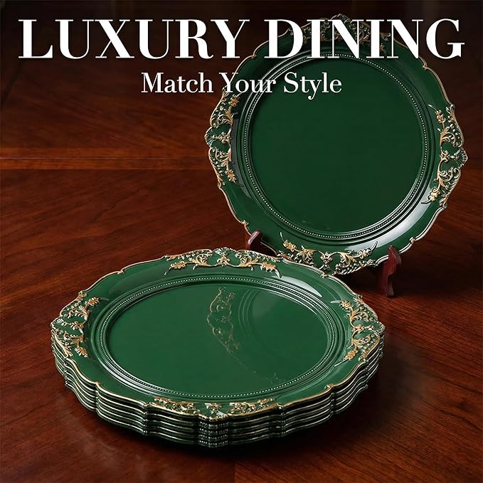 Green Charger Plates, 13 Inch Embossed Chargers for Dinner Plates. Plastic Charger for Wedding, Party. (Set of 6)
