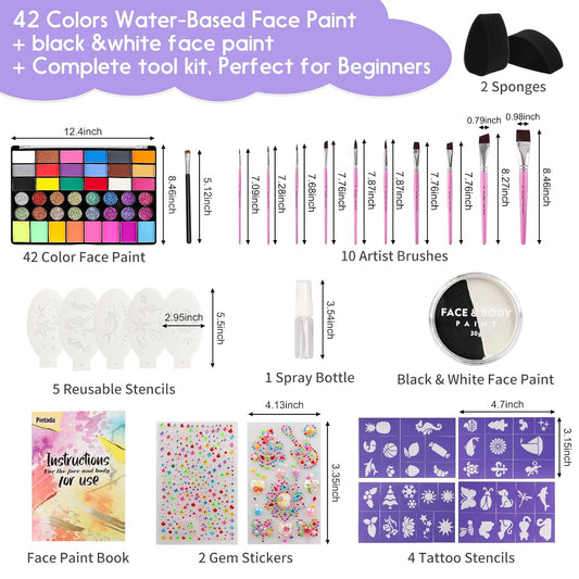 42 Color Face Painting Kit for Kids + 30g Black & White Face Paint - Non Toxic Water Activated Face paint palette with Brushes, Stencils, Gems - For Halloween Makeup, Carnival, Parties & Cosplay