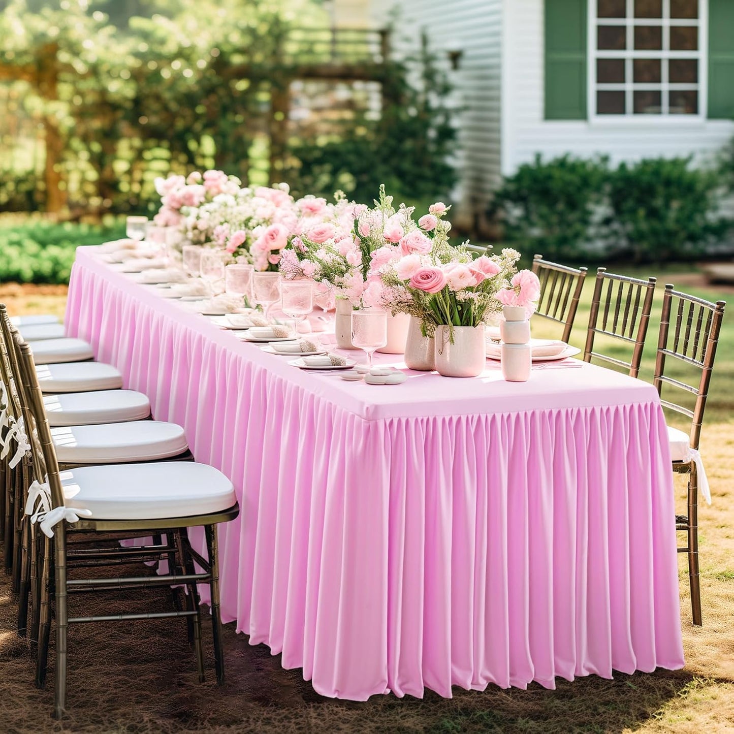 Pink Polyester Table Clothes for 8 Foot Rectangle Tables, Wrinkle Free Fitted Table Cover 8ft Stretch Tablecloths with Skirt for Parties Weddings Birthday Banquet Baby Shower
