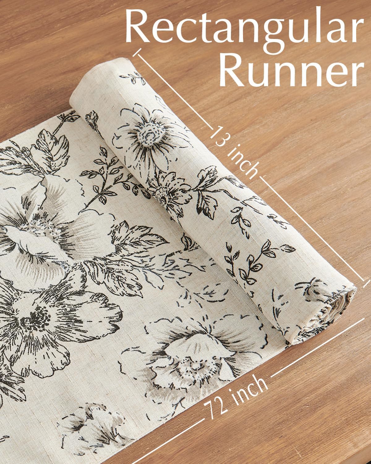 jinchan Floral Linen Table Runner for Kitchen Farmhouse Table Cloth with Black Flower Print 13 x 70 Inch Beige Linen Blend Cloth for Kitchen Dining Table Indoor Outdoor Decor 1 Panel