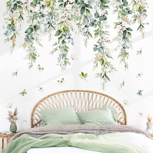 wondever Hanging Green Leaves Wall Decals Hanging Vines Plants Leaves Peel and Stick Wall Art Stickers for Bedroom Living Room TV Wall