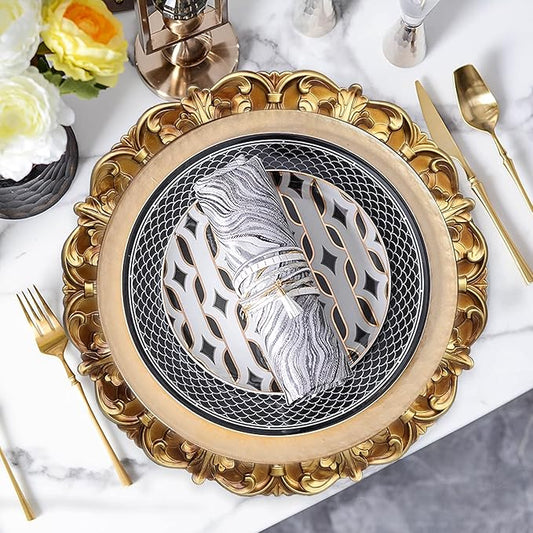 13" Antique Gold Charger Plates, Set of 6 Plastic Textured Chargers for Dinner Plates with Embossed Rim, Table Décor, Party, Wedding, Holiday