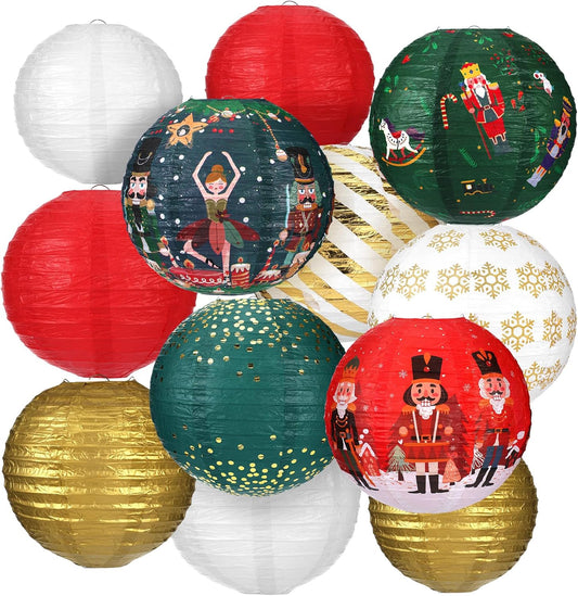 Bencailor 12 Pcs Christmas Hanging Paper Lanterns Set Decorative Christmas Party Lanterns Round Hanging Lamps for Xmas Home Decoration Supplies Props Holiday Decor (Striped,12 Inch,10 Inch, 8 Inch)