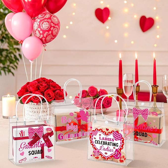 H1vojoxo Galentine's Day Gift Bags - 24PCS Galentine Clear PVC Gift Bags with Handle 7.9x3.2x7.9 Inches Reusable Galentine Goodie Tote Bag Be My Galentine Gift Wrap Bag for Valentine’s Day Party Favor