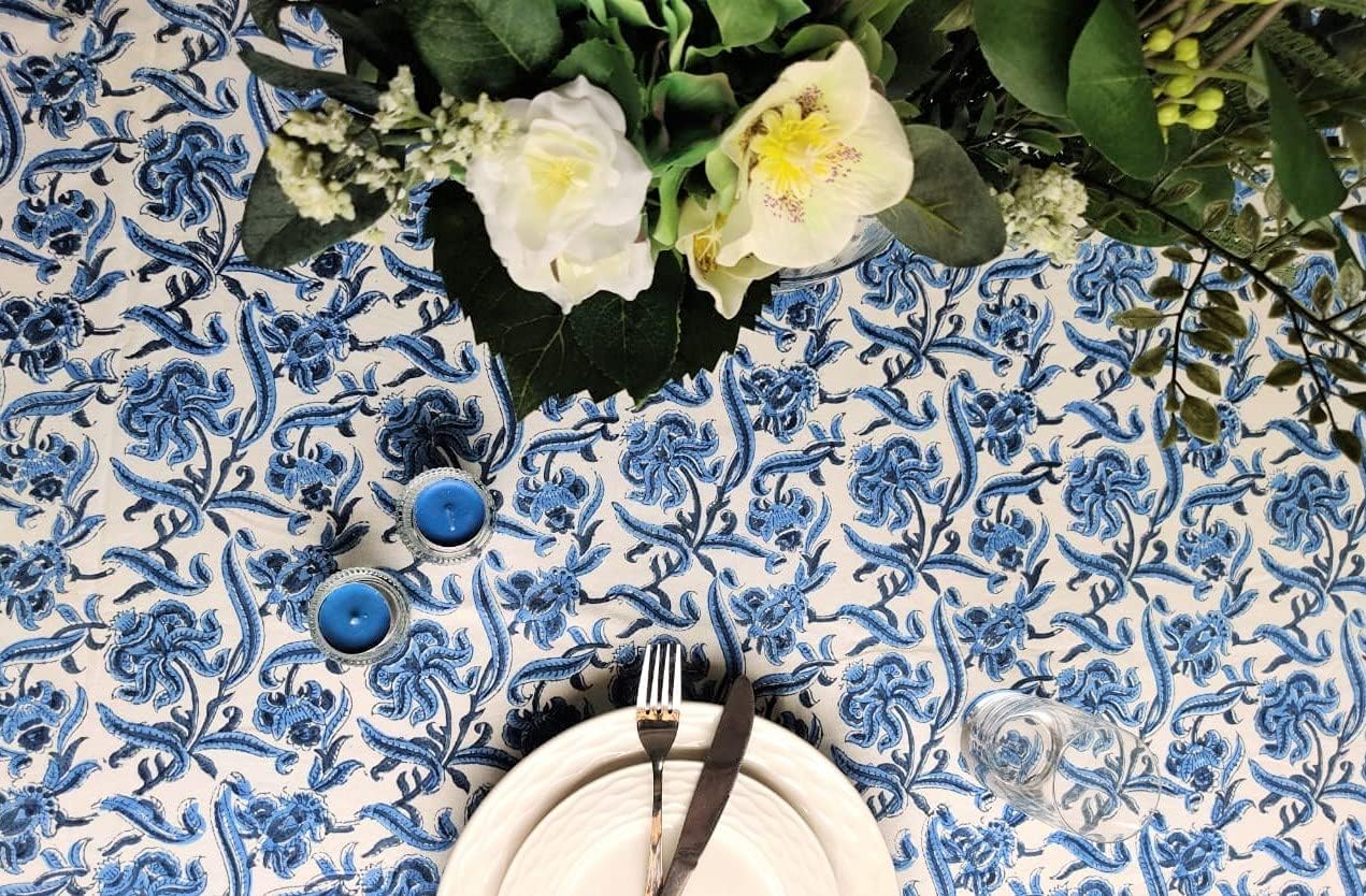 ATOSII Midnight Bloom 100% Cotton Fall Tablecloth, Handblock Print Blue Rectangle Table Cloth for Kitchen Dining Table Linen I Parties Wedding Outdoor Decor 60 X 90 Inches