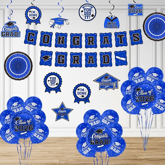 Graduation Decorations 2026 Set - Congrats Grad Banner, Class of 2026 Backdrop, Balloons & Streamers Kit - Complete Party Supplies for High School & College Celebrations