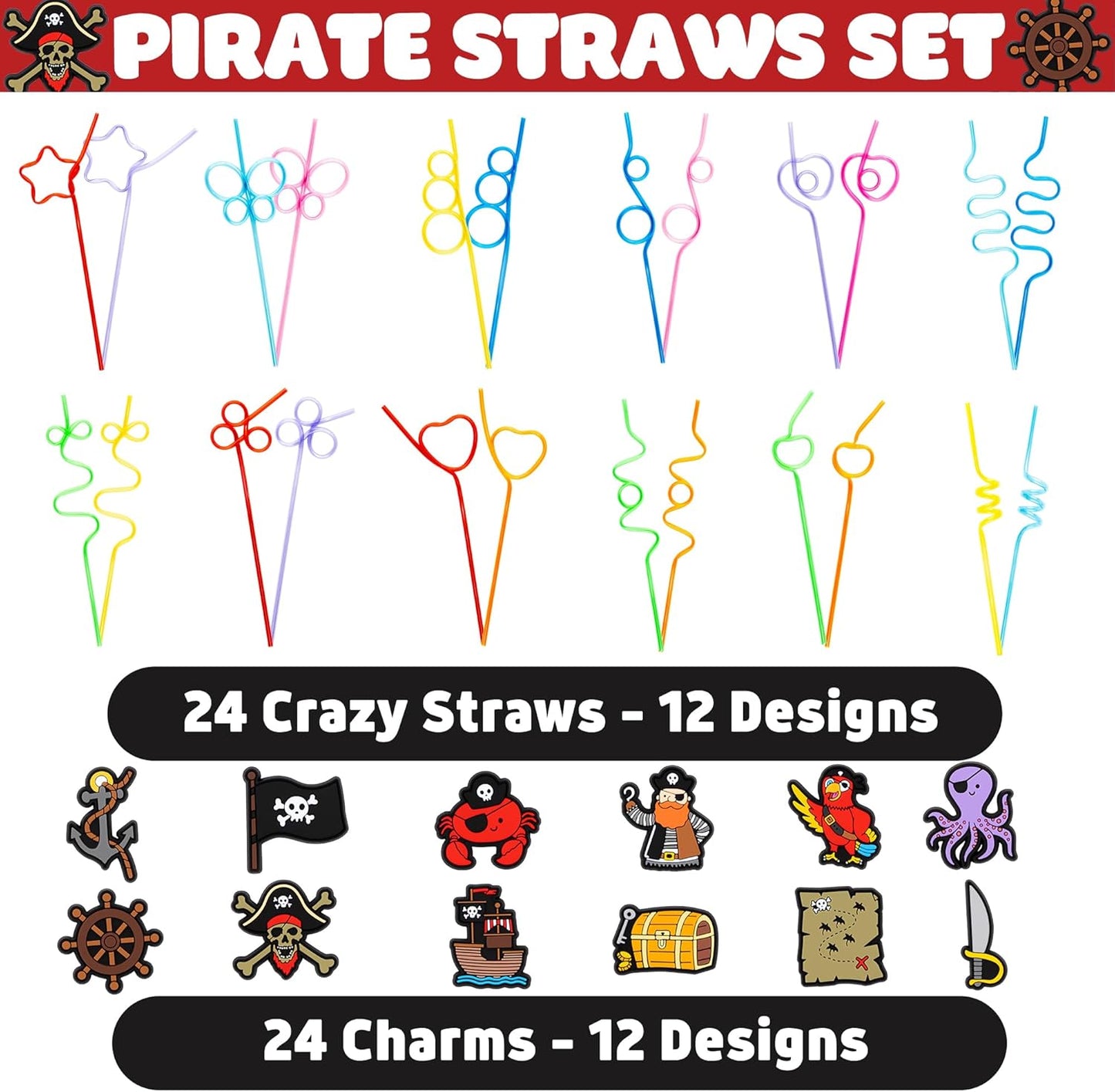 24 PCS Pirate Drinking Crazy Straws for Kids | Pirate Themed Birthday Party Supplies Favors Decorations with 24 PVC Charm, 2 Cleaning Brushes Reusable Straw