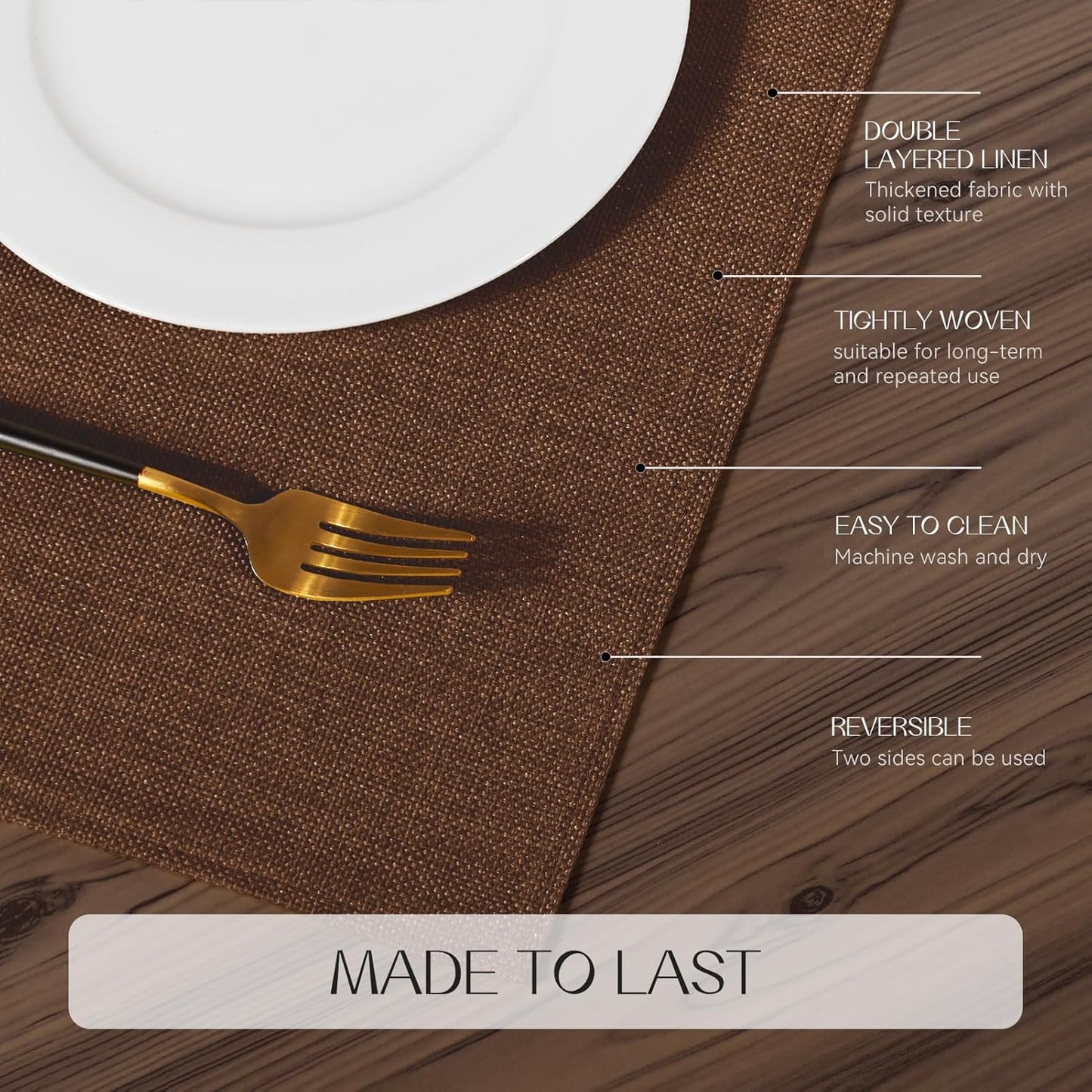 Romanstile Cloth Placemats Set of 6-12 x 18 Inch, Heat Resistant Double Layered Thickened Burlap Place Mats, Washable Linen Farmhouse Table Mats for Kitchen/Dining/Party/Outdoor, Dark Brown