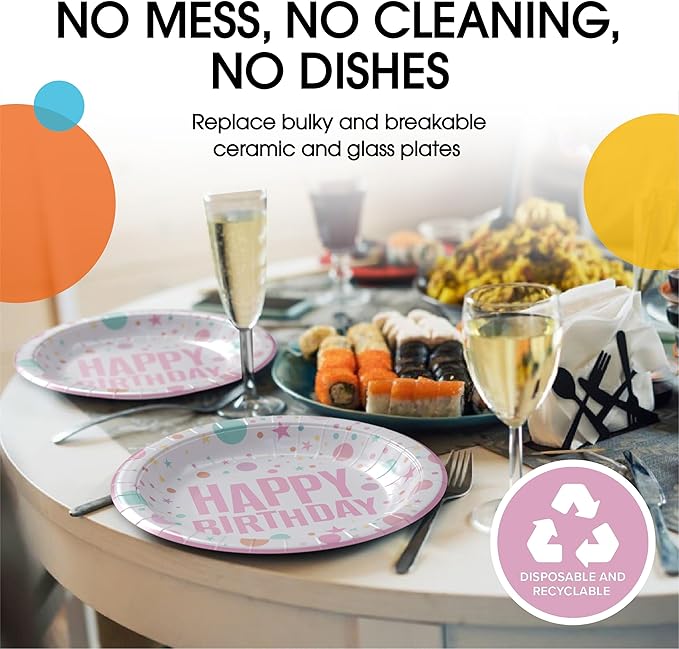 Exquisite Pink Happy Birthday Plates 9" Birthday Paper Plates 100 Pcs Pink Party Plate | Disposable Heavy Duty 350 Gsm Disposable Plate For Party Supplies And Decorations
