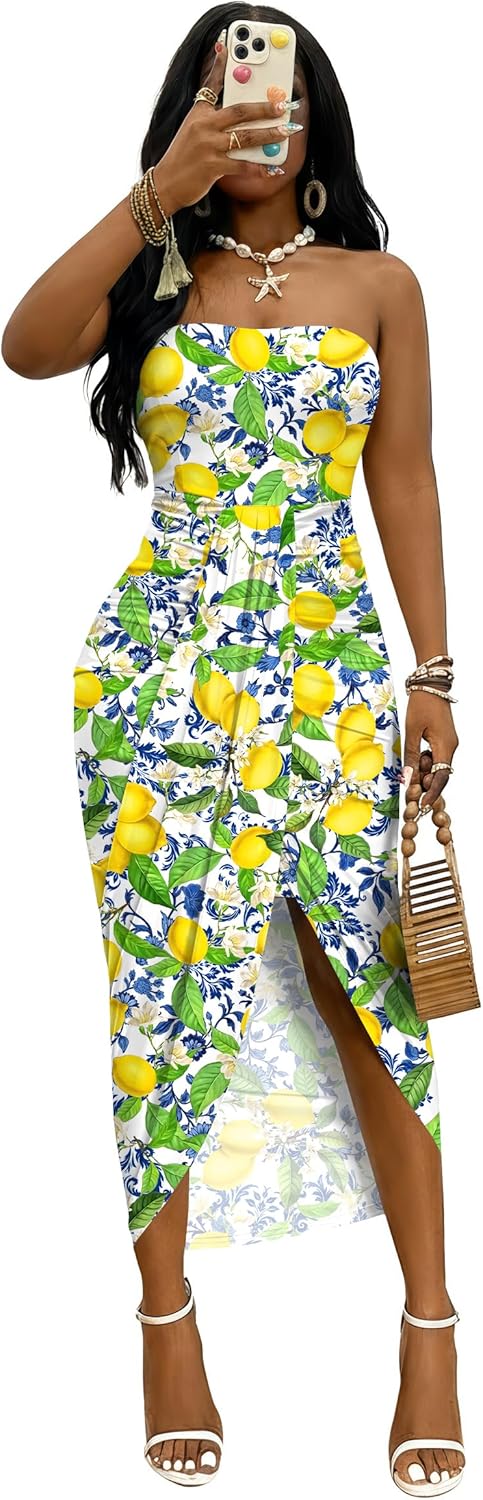 Umenlele Women's Strapless Ruched High Waist Wrap Split Asymmetrical Beach Maxi Long Dress