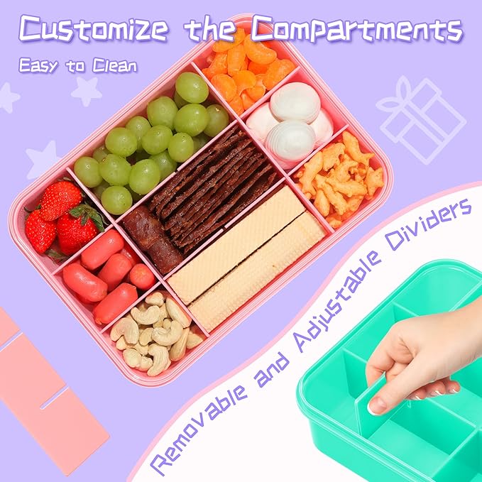2 Pcs Snack Box Container for Kids - Adjustable 12-Compartment Snack Containers, Reusable Bento Box, Dishwasher Safe, BPA-Free, Perfect for School, Travel, Camping & Picnic, Pink & Green