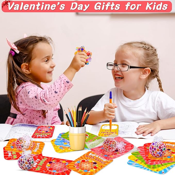 24 Pack Valentines Day Gifts for Kids Classroom Fidget Stress Balls with Valentines Cards Stress Relief Toys Squeeze Ball for Kids Boys Girls School Exchange Cards Gifts Valentines Party Favors Prizes